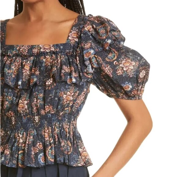 ULLA JOHNSON Warner Floral Ruffle Puff-Sleeve Peplum Blouse in Twilight SZ 2 - Picture 13 of 13